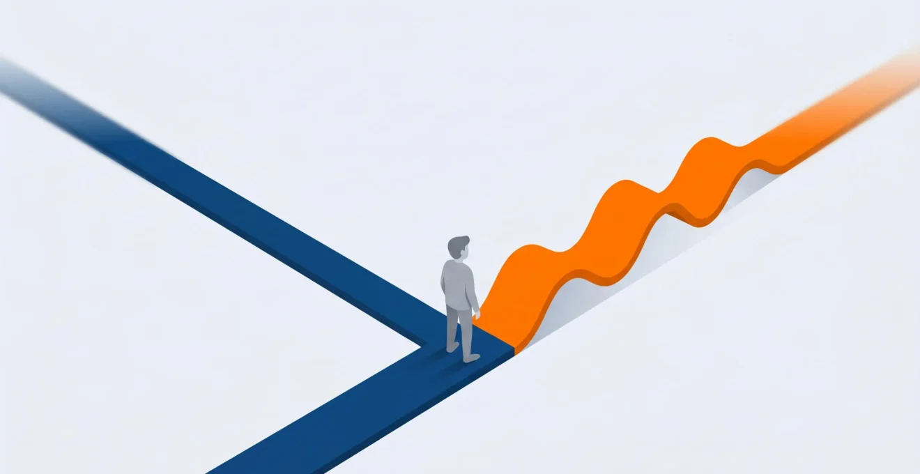 Illustration 3D montrant deux chemins : un droit et stable en bleu et un ondulant en orange, symbolisant le choix entre taux fixe et variable