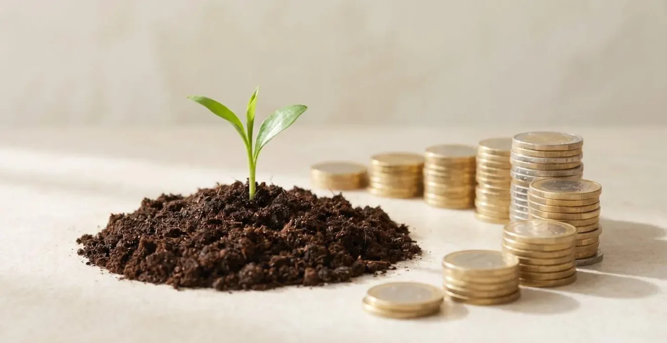 Jeune pousse verte émergeant de terre entourée de piles croissantes de pièces d'euros, symbolisant la croissance sécurisée de l'épargne.