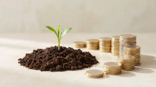 Jeune pousse verte émergeant de terre entourée de piles croissantes de pièces d'euros, symbolisant la croissance sécurisée de l'épargne.