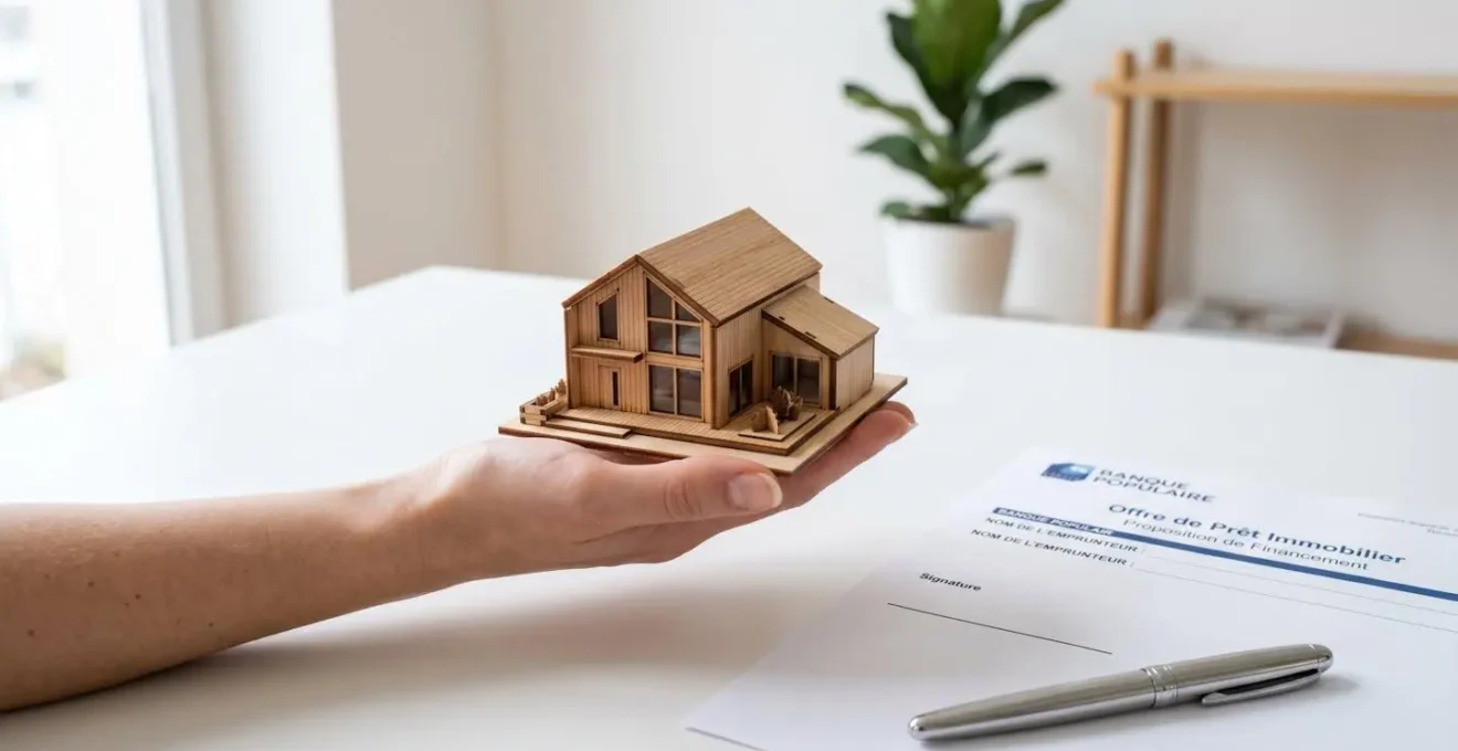 Main tenant une maquette de maison en bois sur un bureau avec documents de prêt immobilier, symbolisant l'acquisition immobilière