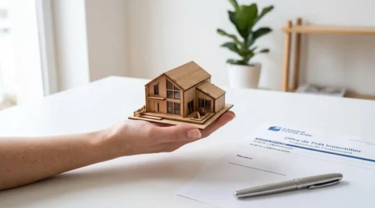 Main tenant une maquette de maison en bois sur un bureau avec documents de prêt immobilier, symbolisant l'acquisition immobilière