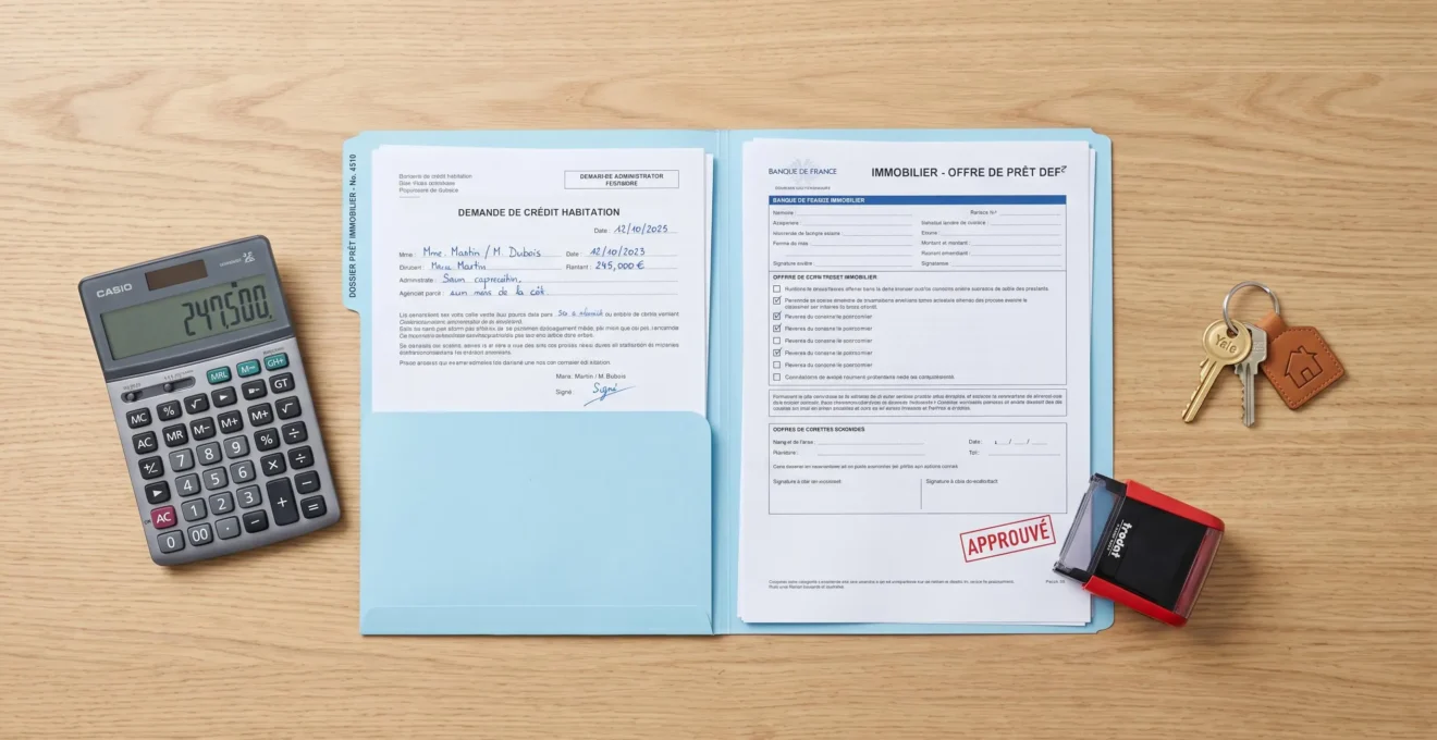 Vue du dessus d'un bureau avec calculatrice, documents, formulaires, tampon approuvé et clés, illustrant les étapes du crédit immobilier