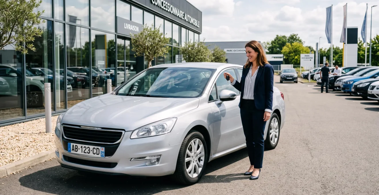 Un client récupère son véhicule neuf dans une concession automobile après avoir obtenu un financement par prêt personnel.