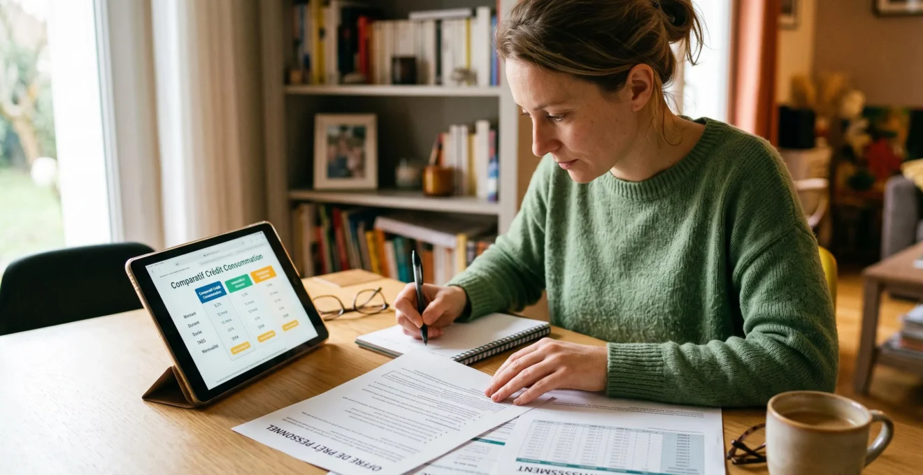 Une personne compare différentes offres de prêt personnel à domicile en consultant des documents imprimés et une tablette numérique.