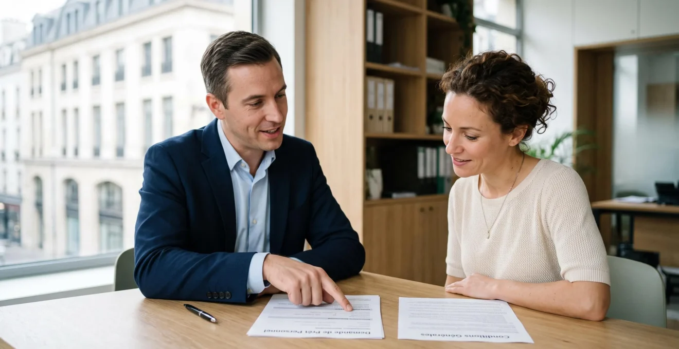 Un conseiller bancaire et un client examinent ensemble des documents de demande de prêt personnel dans un bureau bancaire moderne.