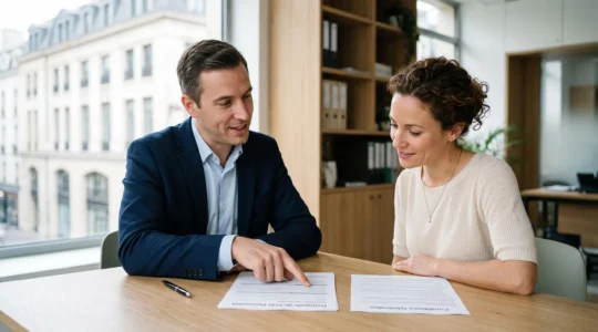 Un conseiller bancaire et un client examinent ensemble des documents de demande de prêt personnel dans un bureau bancaire moderne.