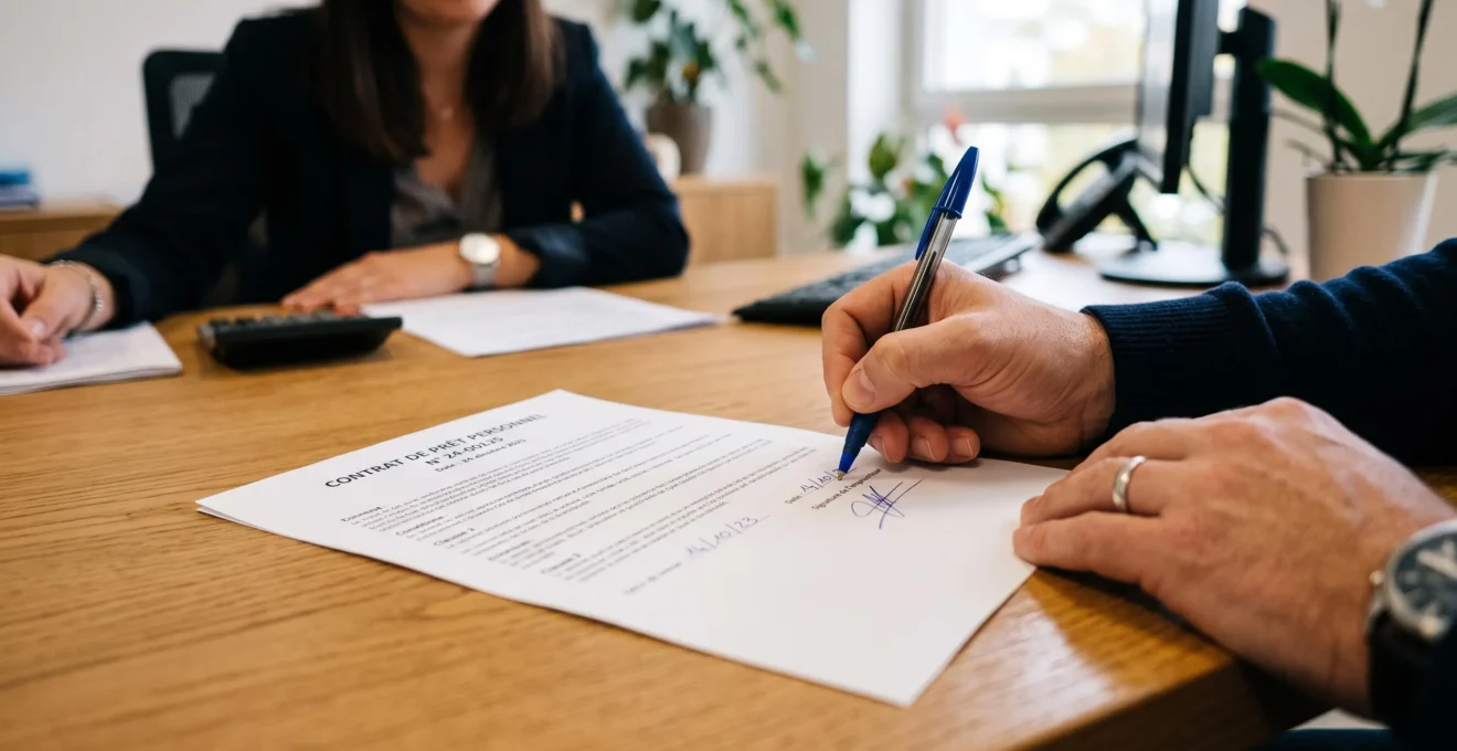 Signature d'un contrat de prêt personnel avec un conseiller bancaire supervisant la procédure officielle.