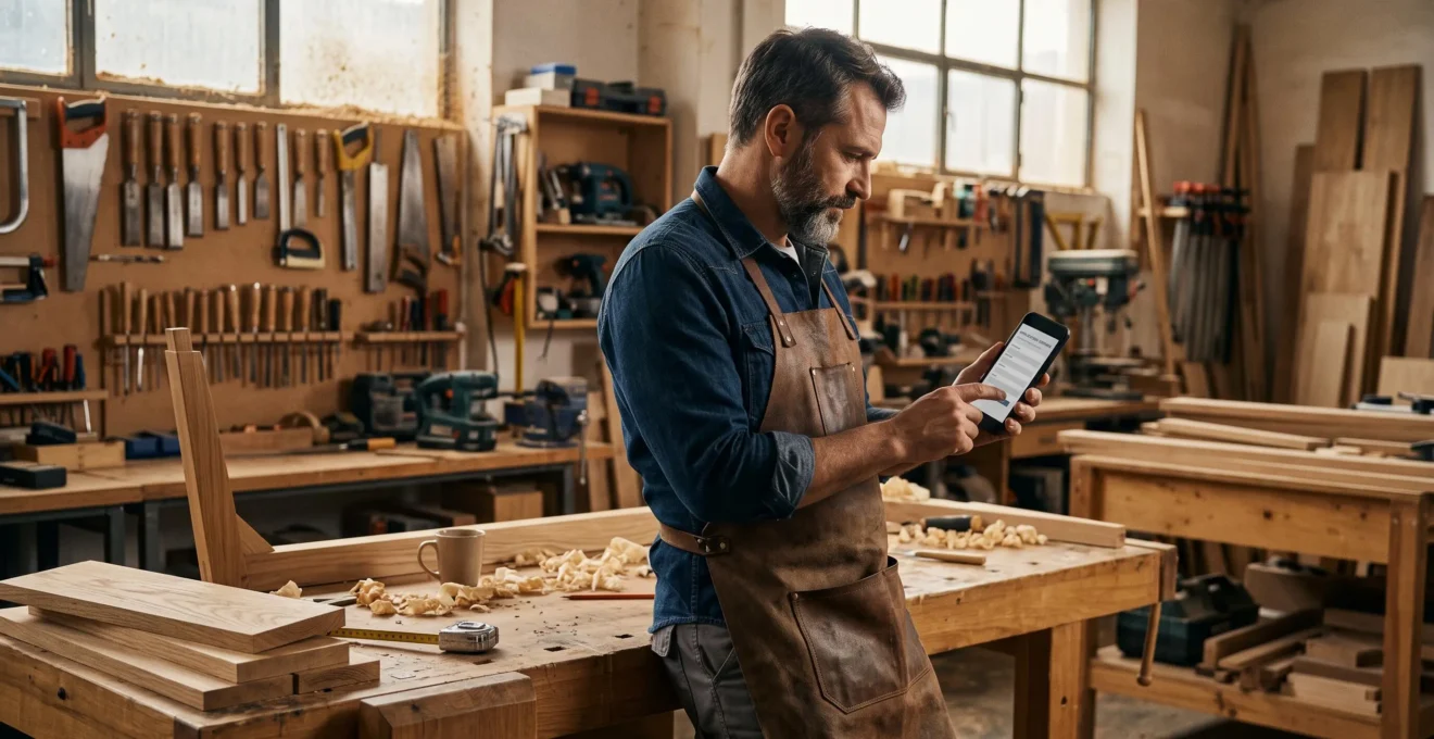 Un artisan menuisier consulte le suivi de son dossier de prêt sur son smartphone dans son atelier de menuiserie en bois.