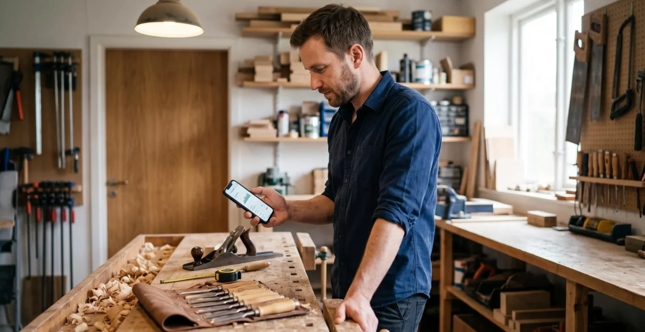 Un artisan indépendant consulte l'avancement de son dossier de prêt immobilier sur son smartphone dans son atelier.