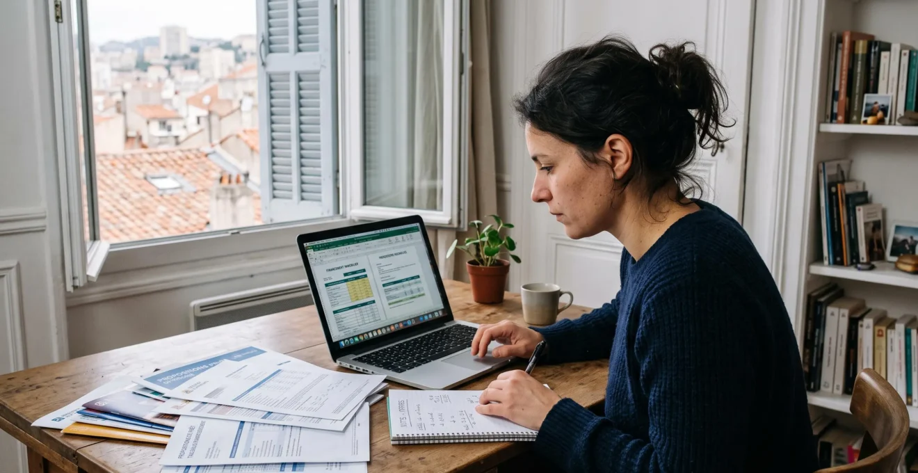 Une emprunteuse compare des offres de financement sur son ordinateur portable dans un appartement marseillais lumineux, entourée de documents bancaires.